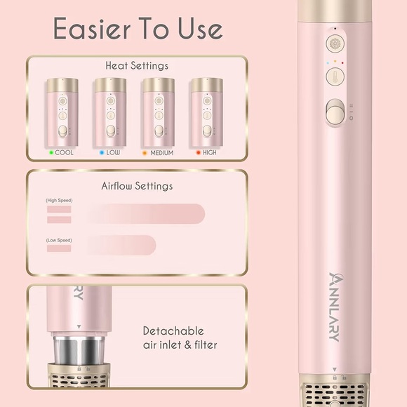 ANNLARY 5 in 1 hot air styler blow dry brush air wrap pink with case tool - Picture 3 of 4